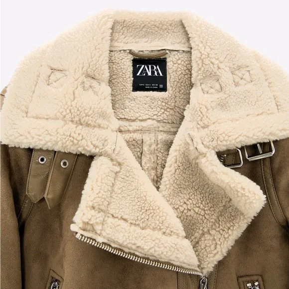 Zara Tan Teddy Jacket with Shearling Collar - Picture 9 of 12